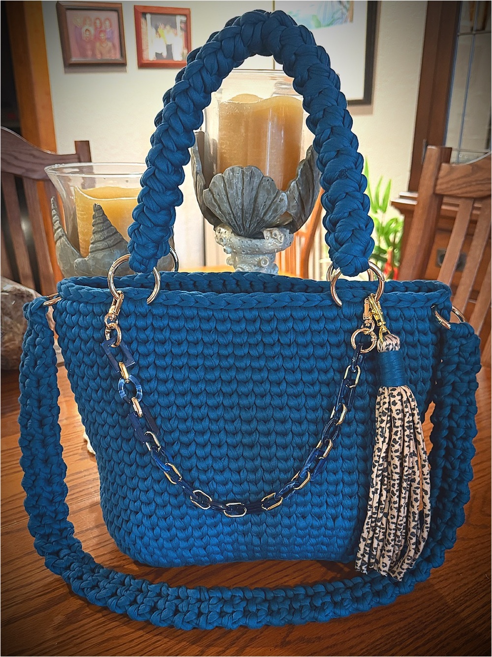 Handmade Woven Tote Bag in Deep Teal with Tassel